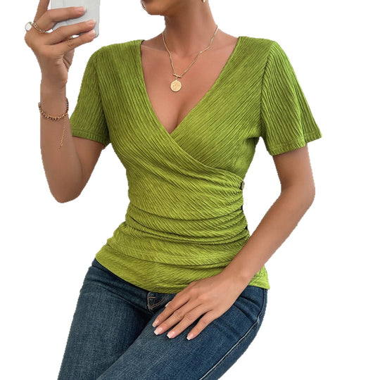 Damen Wickelbluse mit raffinierten Falten und Knopfdetails EB