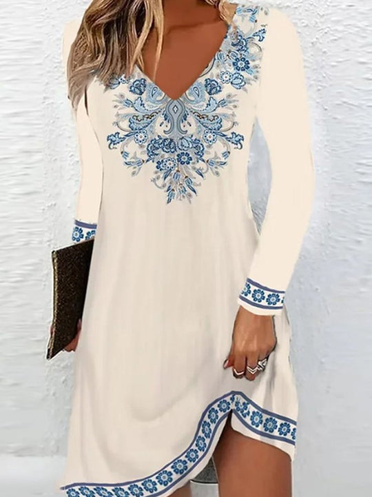Damen V-Ausschnitt Kleid mit floralen Akzenten und langen Ärmeln EB
