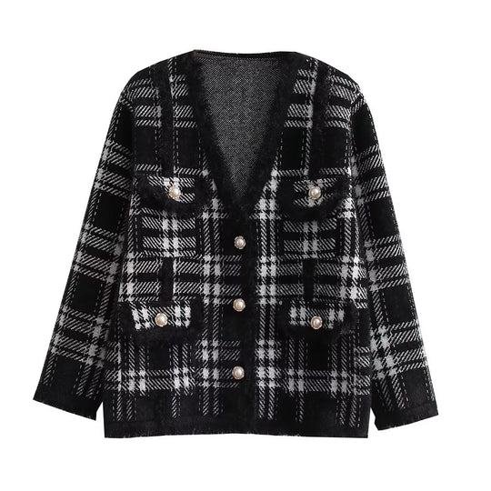 Damen modische Langenjacke mit Karomuster und eleganten Knopfdetails EB