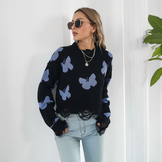 Damen Strickpullover mit einzigartigem Schmetterlingsdesign und trendigem Fransenabschluss EB