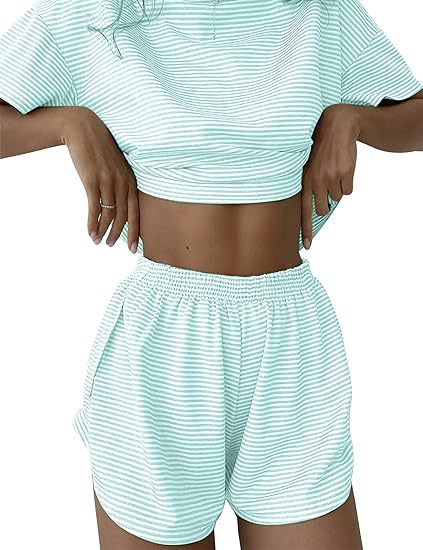 Damen lässiges Crop-Top und Short-Set mit gestreiftem Muster EB