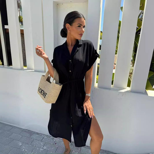 Damen Midikleid mit Taillenzug und Kurzarm EB