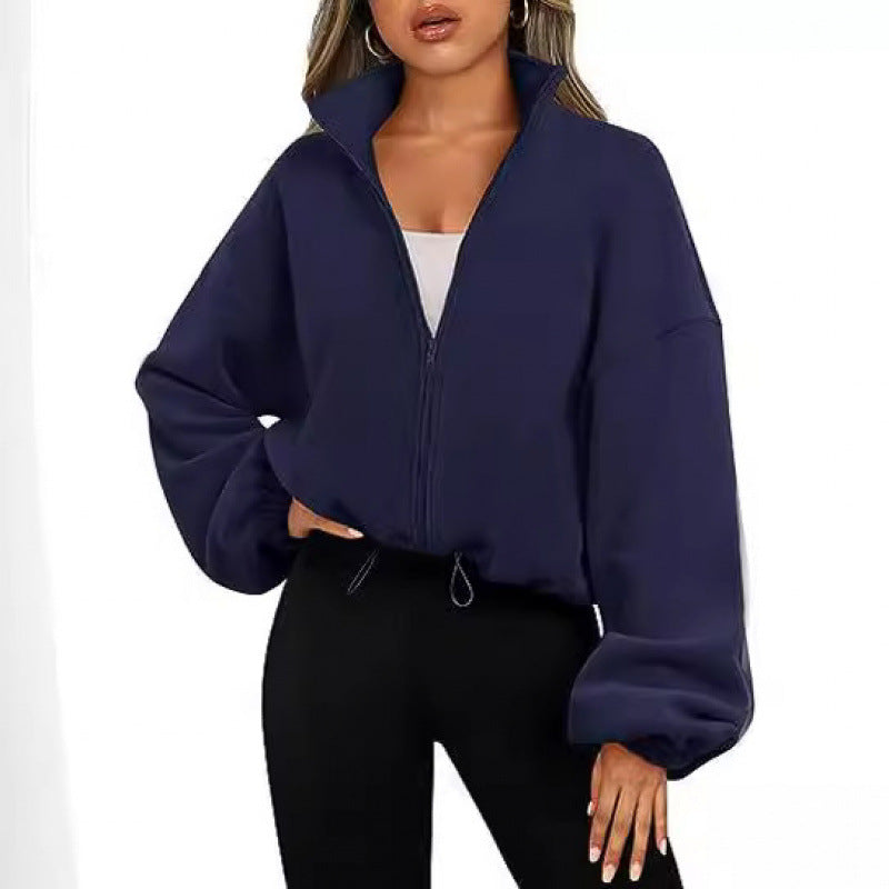 Damen trendy Oversize-Zip-Pullover mit hohem Kragen und Kordelzug EB
