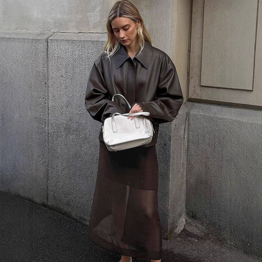 Damen modische Kunstlederjacke mit oversized Design EB