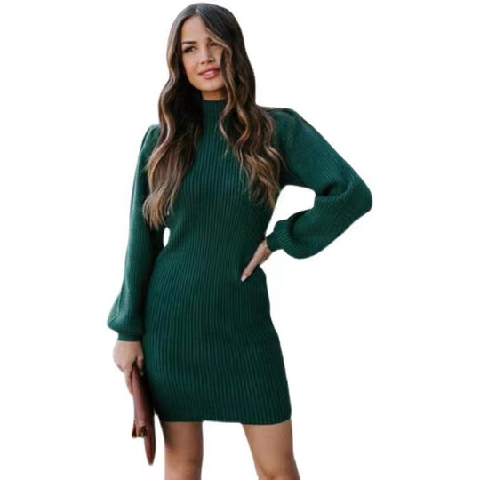 Damen Strickkleid mit hohem Kragen und Puffärmeln EB