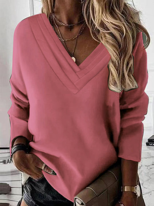 Damen Lässiges V-Ausschnitt Pullover mit eleganten Falten EB