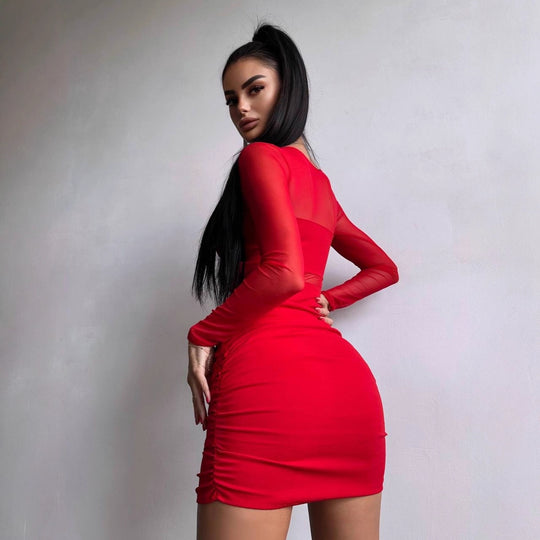 Damen figurbetontes Kleid mit langem Arm und raffiniertem Verknotungsdetail EB