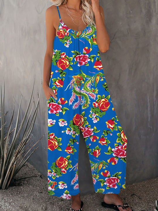 Damen Luftiger Jumpsuit mit floralem Design und verstellbaren Trägern EB