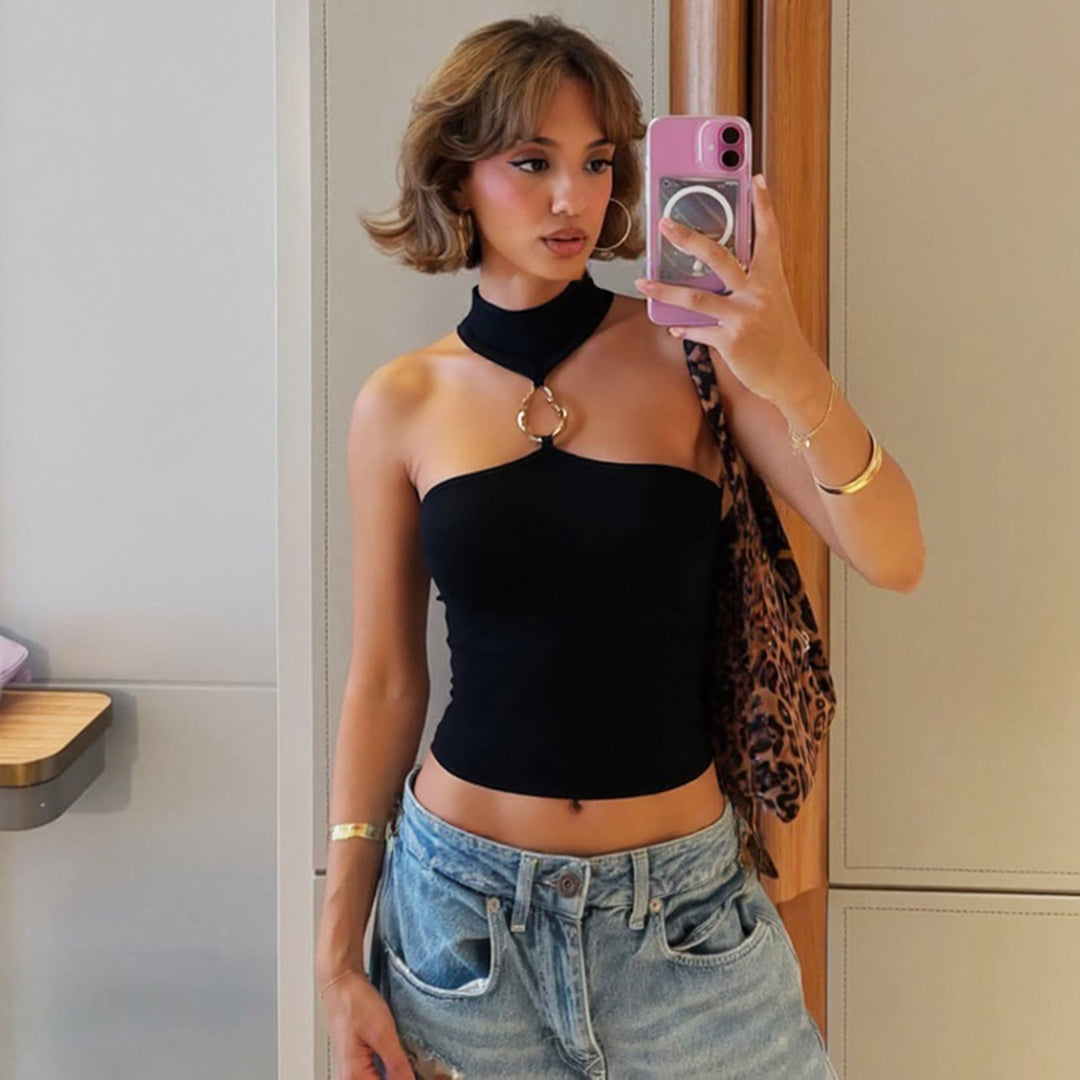 Damen Sportliches Crop-Top mit geschmackvollem Choker und dekorativem Detail EB