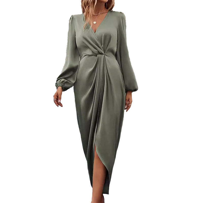 Damen Elegantes Maxikleid mit Tiefem V-Ausschnitt und Ballonärmeln EB