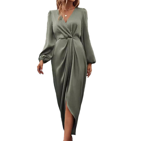 Damen Elegantes Maxikleid mit Tiefem V-Ausschnitt und Ballonärmeln EB