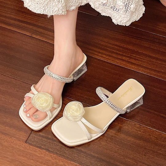 Damen elegante Sandalen mit transparentem Blockabsatz und floralem Schmuck EB