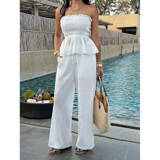 Damen Elegantes Oberteil mit gerafftem Bustier und weiten Hosen EB