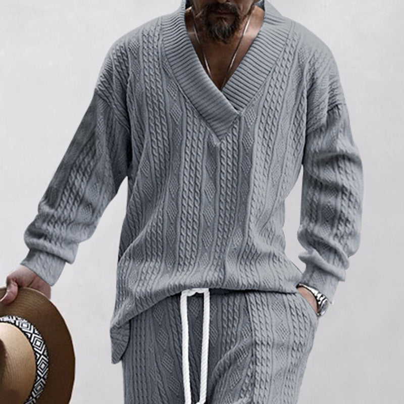 Herren Zopfstrick-Loungewear-Set mit tiefem V-Ausschnitt, Relaxed-Fit & Kordelhose EB