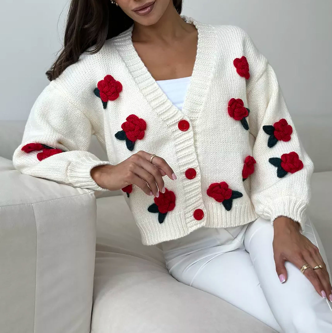 Damen Strickjacke mit floralen Applikationen und voluminösen Ärmeln EB