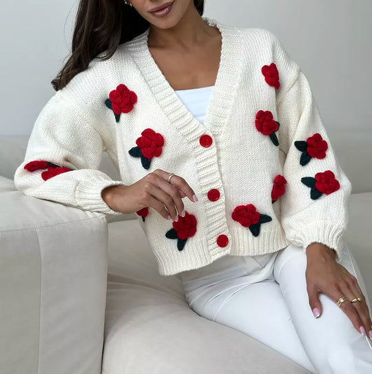 Damen Strickjacke mit floralen Applikationen und voluminösen Ärmeln EB