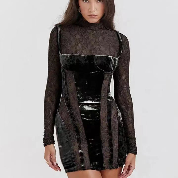 Damen Elegantes Spitzenkleid mit verführerischem V-Ausschnitt und langem Arm EB