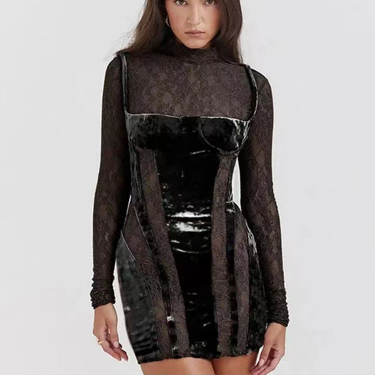 Damen elegantes Spitzen-Minikleid mit Samt-Detail und figurbetontem Schnitt EB