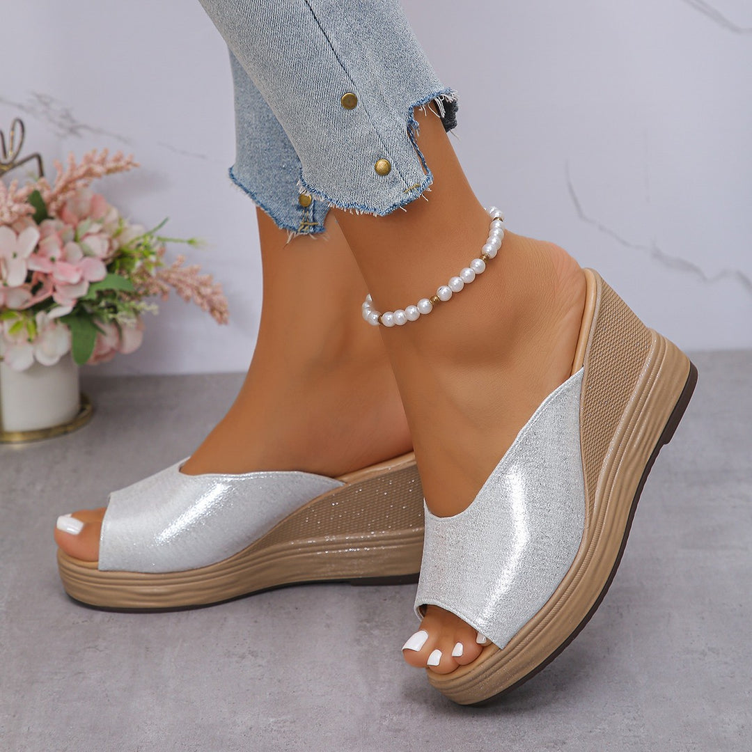Damen Wedge-Sandalen mit offener Zehenpartie und schimmerndem Obermaterial EB