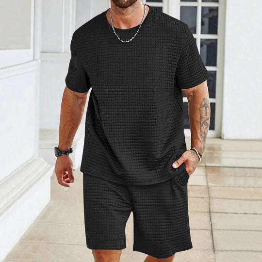 Herren nan leichter Freizeit-Zweiteiler in Waffelstruktur mit Rundhals-T-Shirt und komfortablen Shorts EB
