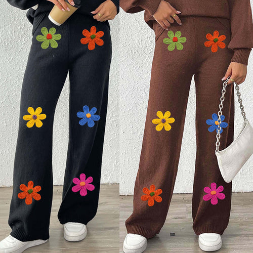 Damen lässige Strickhose mit bunten Blumenapplikationen EB