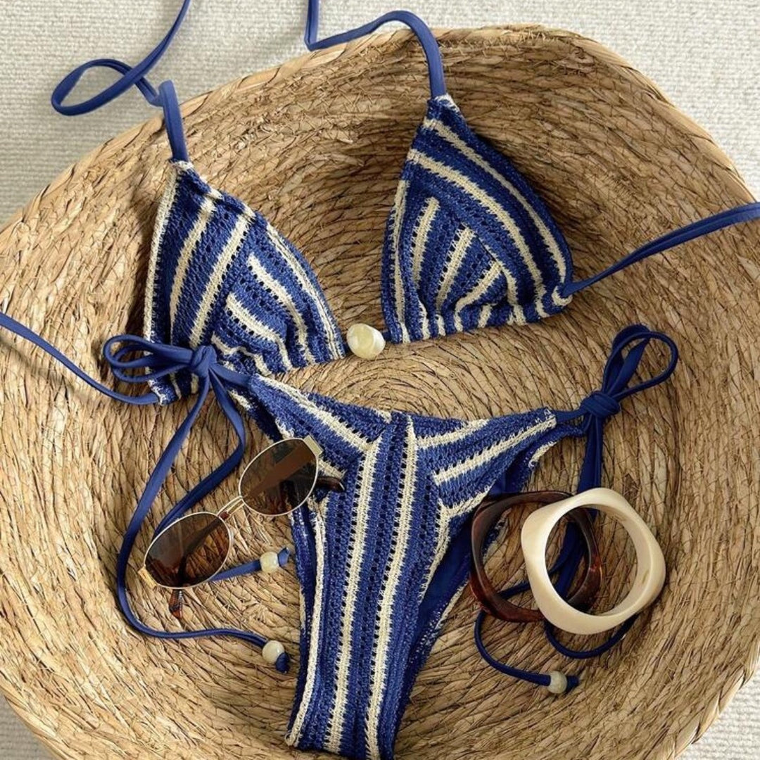 Damen Handgehäkelter Bikini mit maritimem Streifenmuster EB