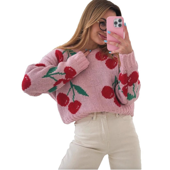 Damen lässiger Pullover mit fruchtigem Kirschmuster und weichem Strick EB
