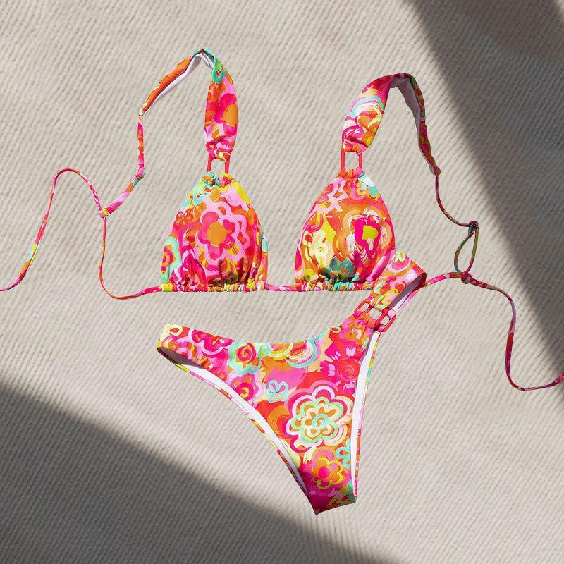 Damen Triangel-Bikini mit verspieltem Blumenmuster und verstellbaren Trägern EB