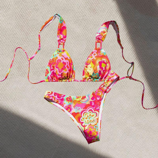 Damen Triangel-Bikini mit verspieltem Blumenmuster und verstellbaren Trägern EB