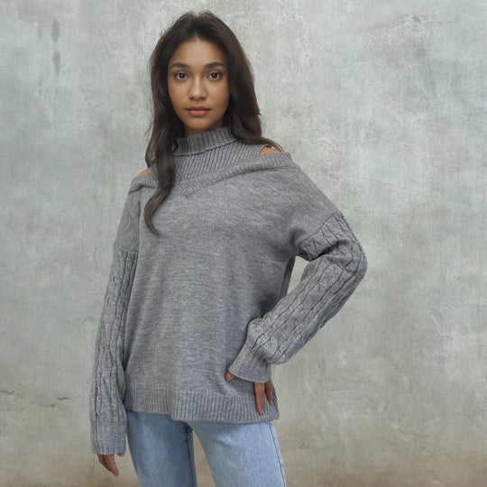 Damen Pullover mit schulterfreiem Design und strukturierten Ärmeln EB
