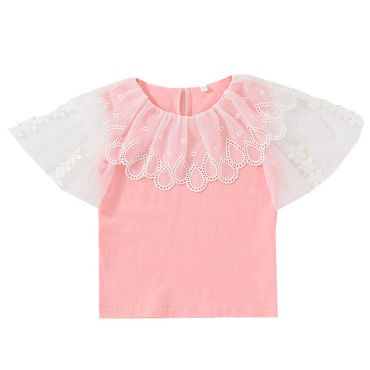 Mädchen Bluse mit Blumenstickerei und Tüllärmeln EB