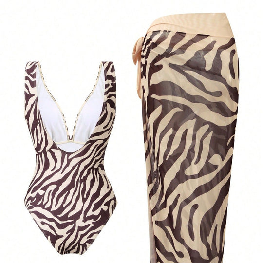Damen Eleganter Strandmode-Anzug mit tiefem V-Ausschnitt und Gürtel EB