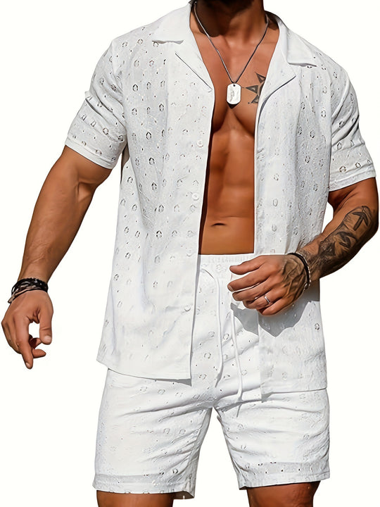 EB | Lässige Herren hohlen einfarbigen Hemd Kordelzug Shorts zweiteiliges Set