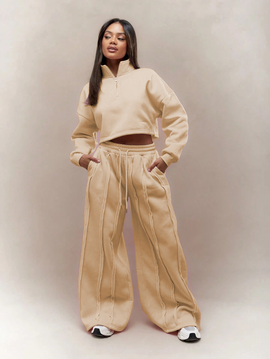 Damen Crop-Halbzip-Sweatshirt und High-Waist Wide-Leg Loungehose Set mit sichtbaren Naht-Details Eichborn Berlin