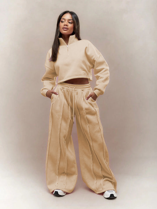 Damen Crop-Halbzip-Sweatshirt und High-Waist Wide-Leg Loungehose Set mit sichtbaren Naht-Details Eichborn Berlin