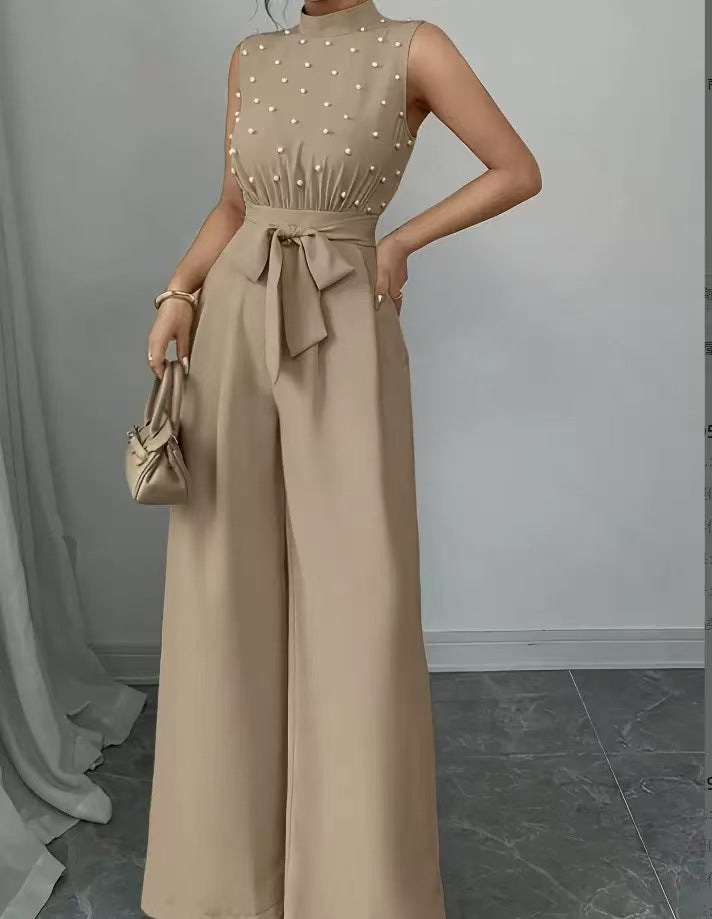 Damen Eleganter Jumpsuit mit Perlenbesatz, Stehkragen und weitem Palazzo-Bein EB