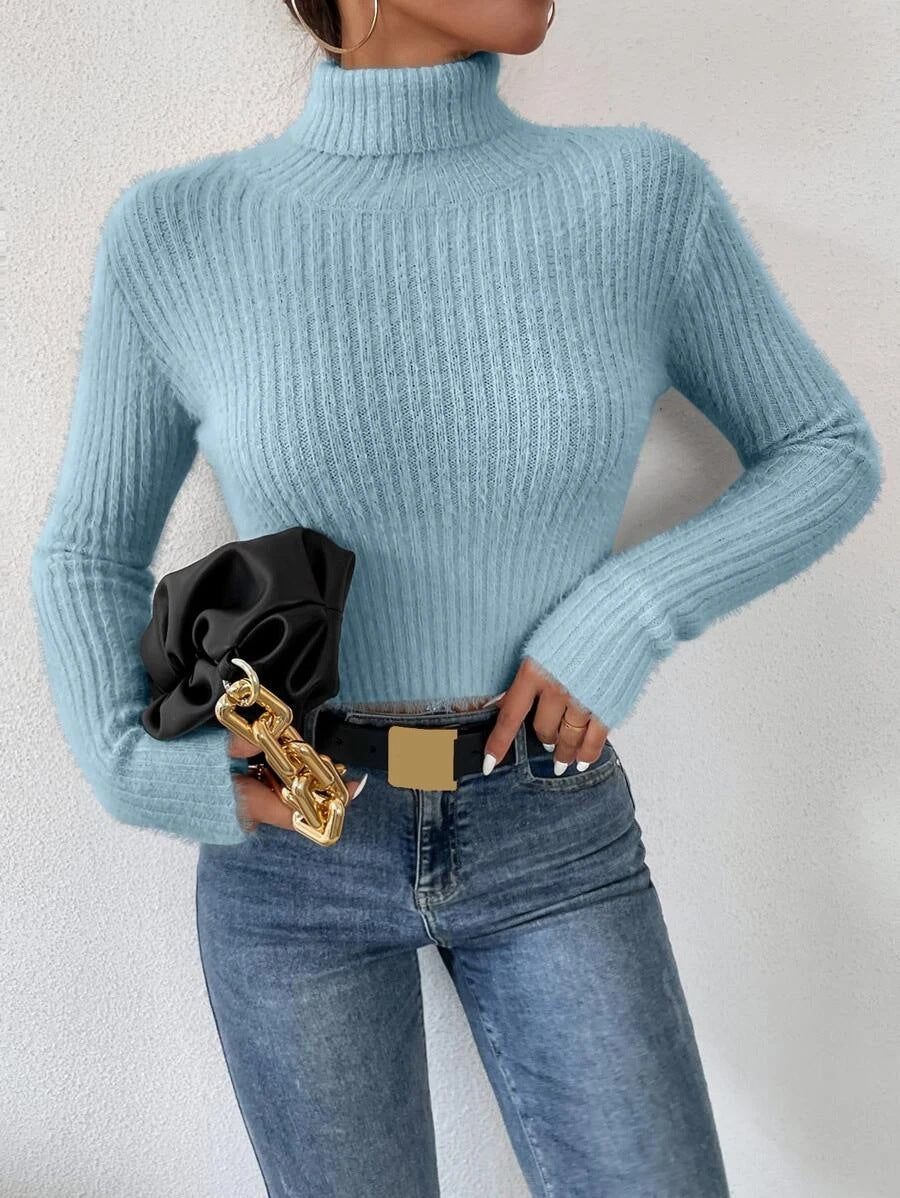 Damen Feinstrickpullover mit Stehkragen und modernem Rippdesign EB