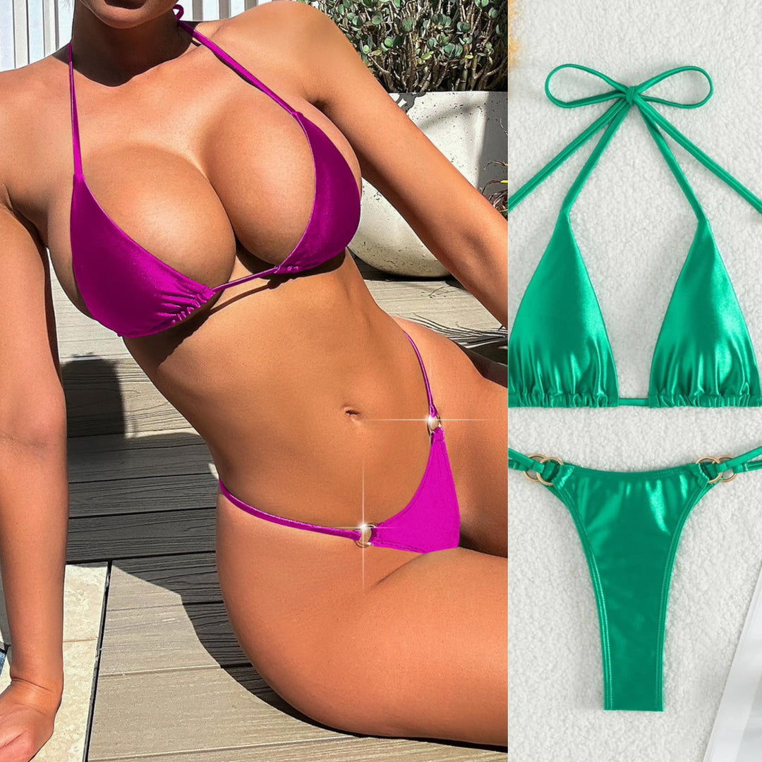 Damen Triangel-Bikini mit eleganten Bindebändern und modischen Goldakzenten EB