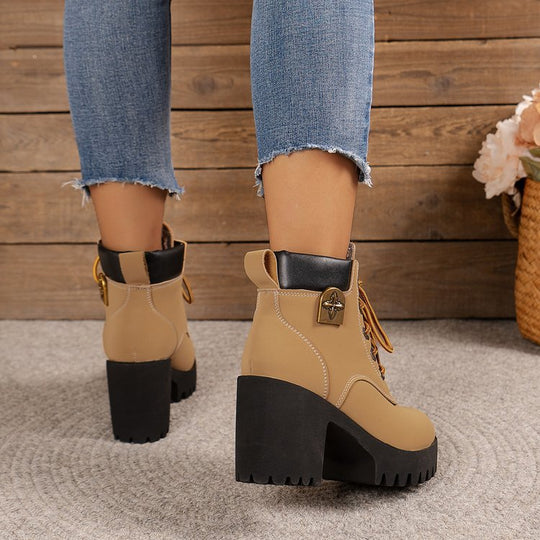 Damen modische Ankle Boots mit robustem Blockabsatz und elegantem Schnürdesign EB