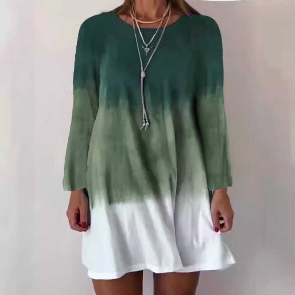 Damen lässiges Langarmkleid mit einzigartigem Farbverlauf und lockerer Silhouette EB