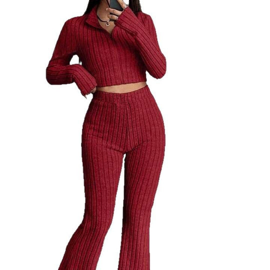 Damen Modisches Strick-Set mit cropped Oberteil und weitem Hosen EB