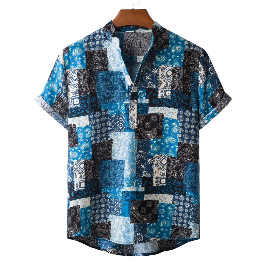 Herren Kurzarmhemd im bunten Patchwork-Design mit Henley-Ausschnitt EB