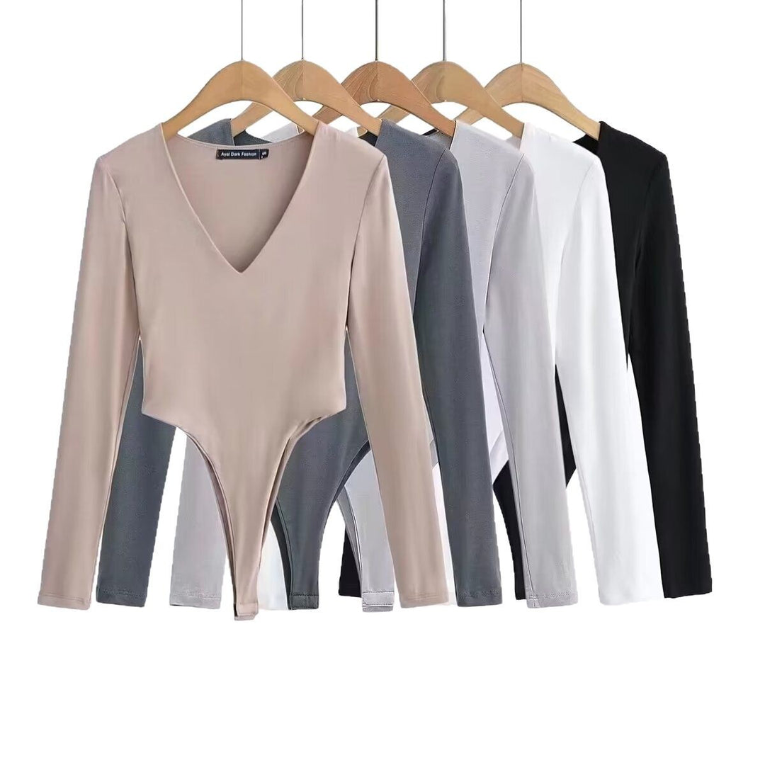 Damen figurbetontes Langarmbodysuit mit tiefem V-Ausschnitt EB