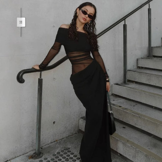 Damen Elegantes Off-Shoulder-Maxikleid mit transparenten Einsätzen und gerafftem Design EB