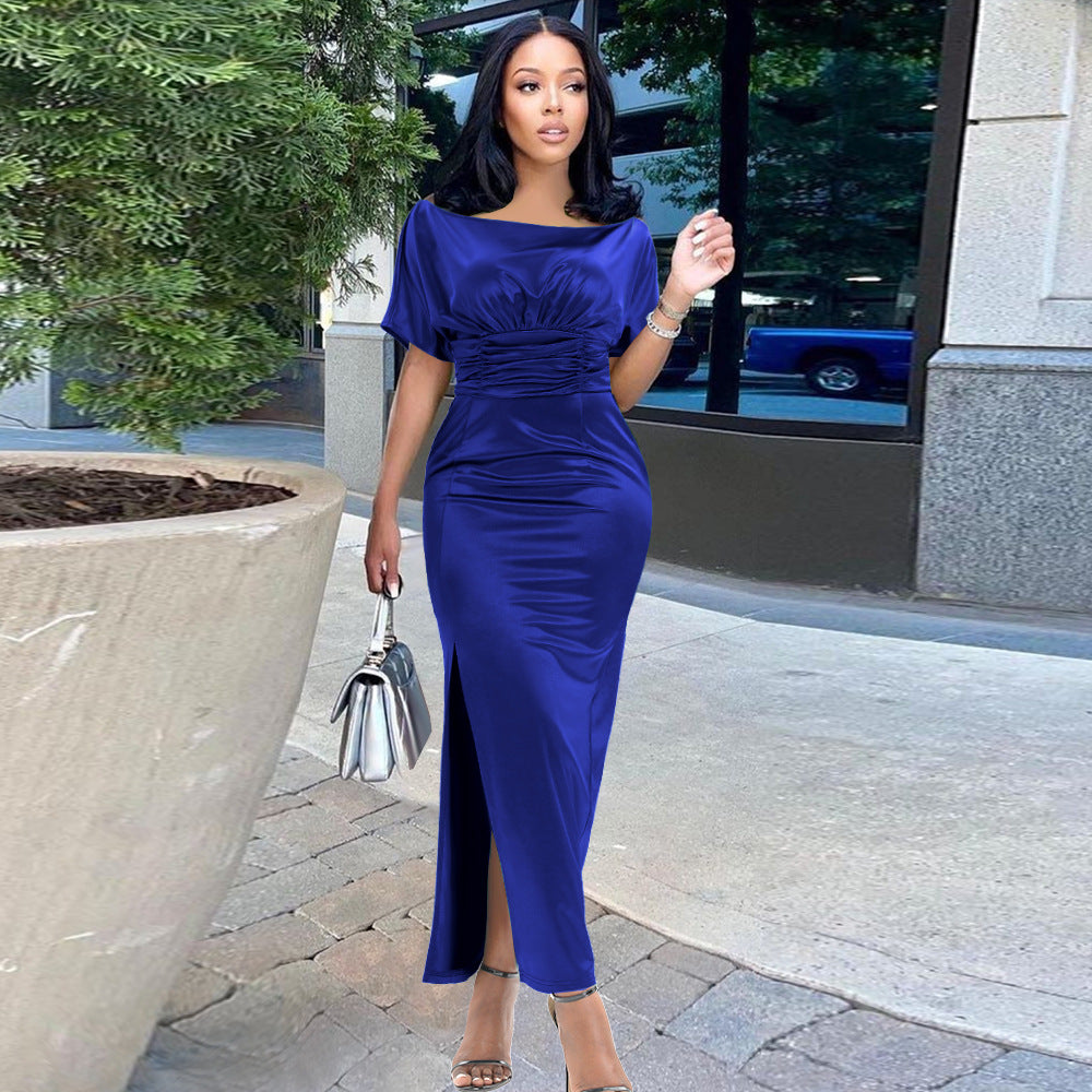 Damen Elegantes Maxikleid mit Raffungen und hohem Schlitz EB