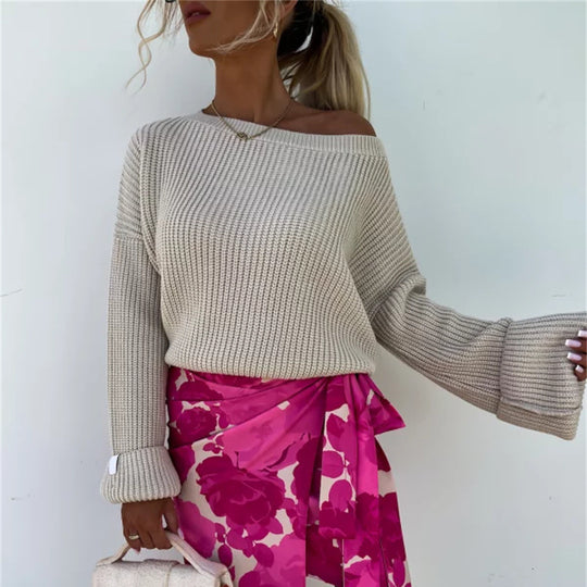 Damen gemütlicher Strickpullover mit weitem Schnitt und offener Schulter EB