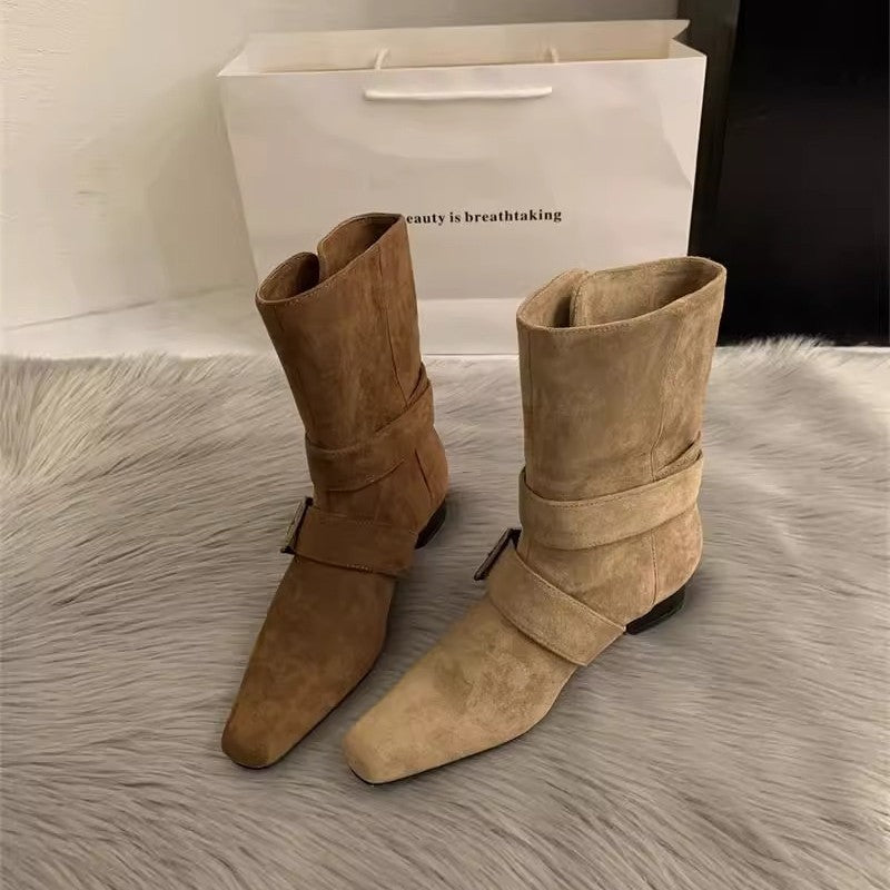 Damen elegante Stiefeletten aus hochwertigem Wildleder mit verstellbarem Riemen und spitzem Schnitt EB