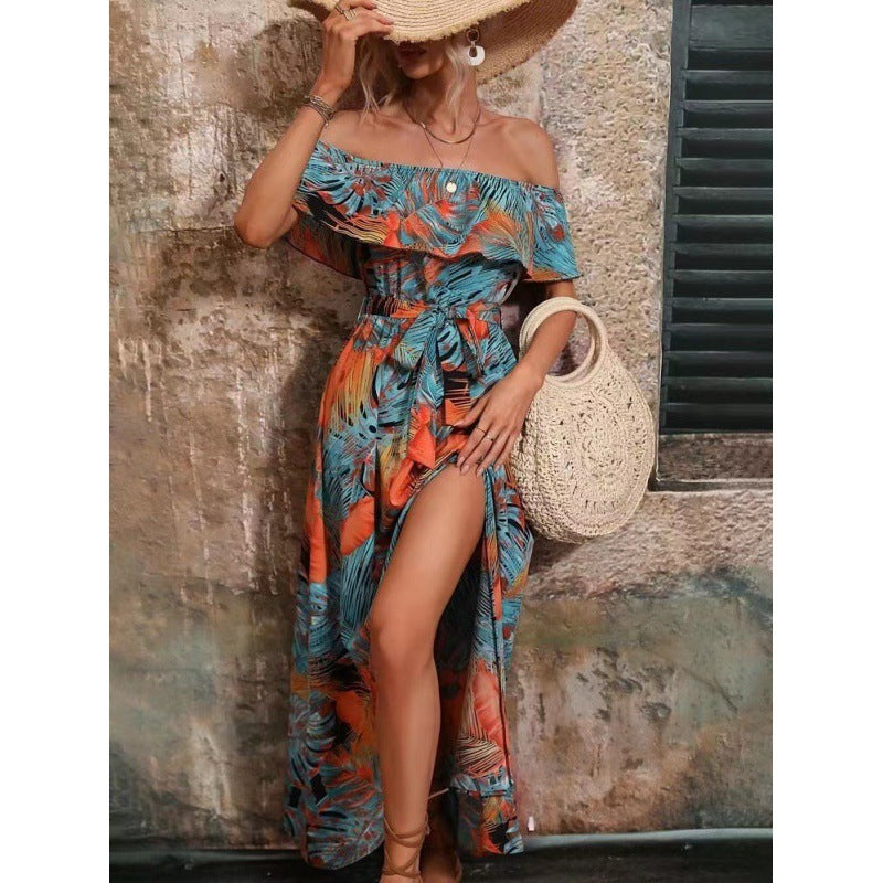 Damen Maxikleid mit Off-Shoulder-Ausschnitt und tiefem Schlitz EB