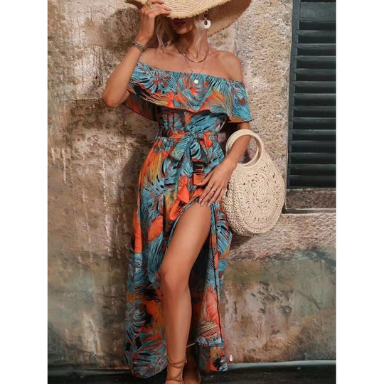 Damen Maxikleid mit Off-Shoulder-Ausschnitt und tiefem Schlitz EB