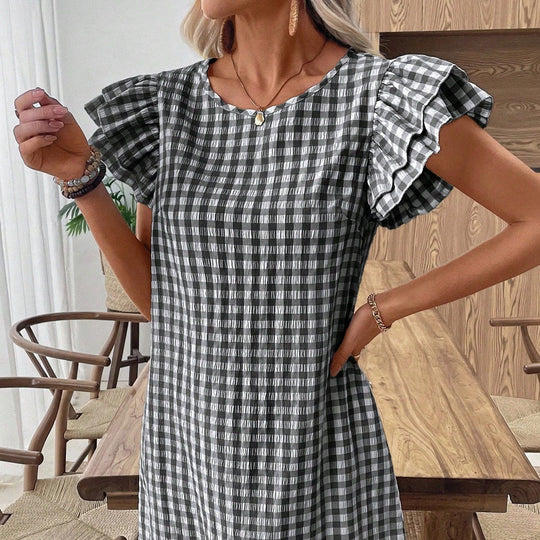 Damen Kurzarmkleid im modernen Vichy-Design mit Rüschendetails EB